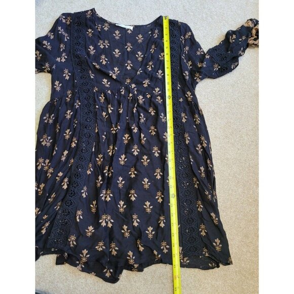 Honey Punch Black Brown Tan Floral Long Sleeve Mini Dress Size Medium Boho - Picture 11 of 11